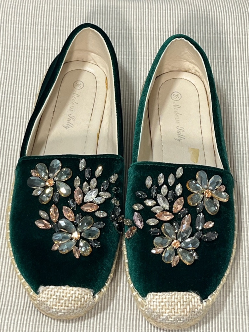 Bejeweled Emerald Green Velvet Espadrille Flats